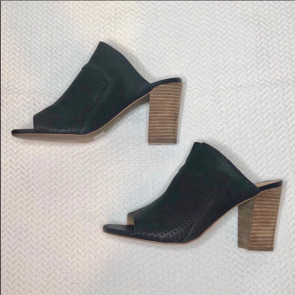 Adam Tucker Black Perforated Leather Block Heels
